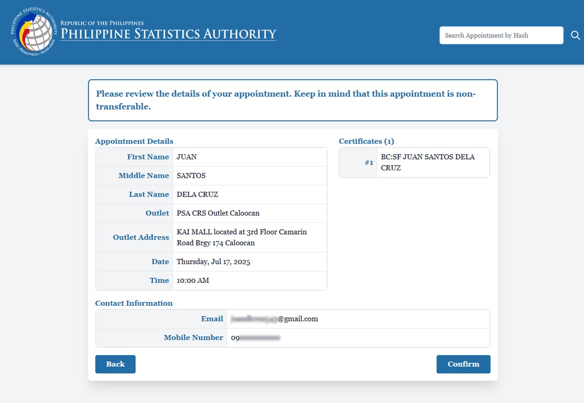 PSA appointment process: Reviewing entered details before confirming the appointment